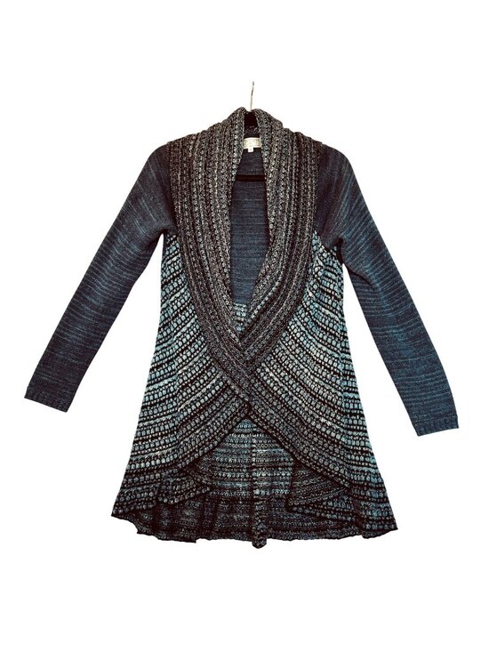 Agape Sweaters - Boho Whimsygoth Waterfall Style Cardigan Shawl Collar Women's M Blue Gray Black
